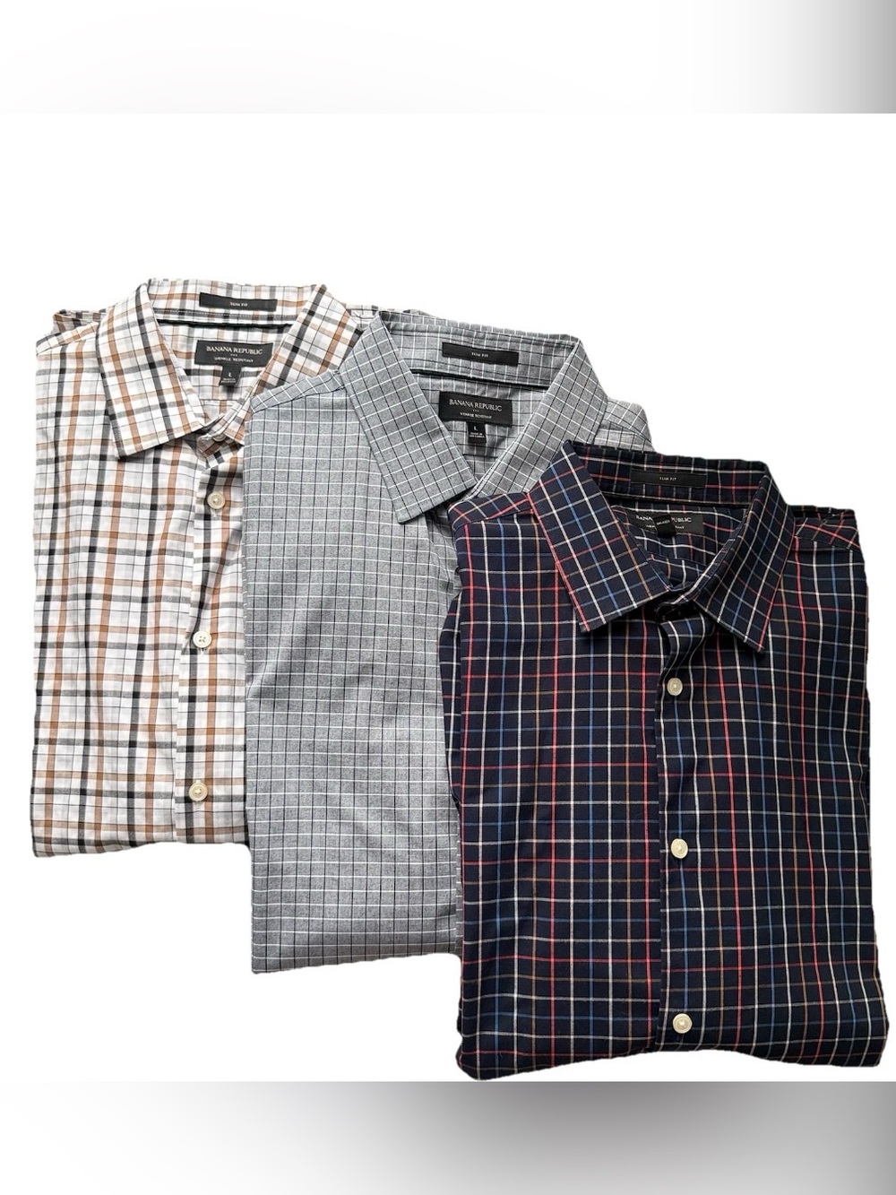 Lot of 3 Banana Republic Men's Dress Shirts L Slim Fit Wrinkle Resistant Plaid